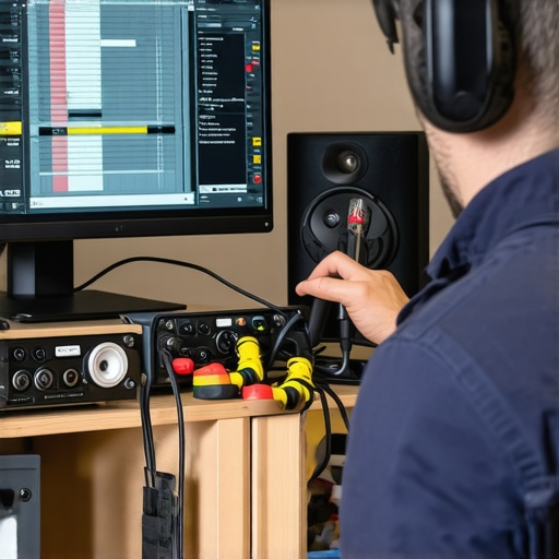 Technician calibrating a high-end home audio system with specialized software and microphone.