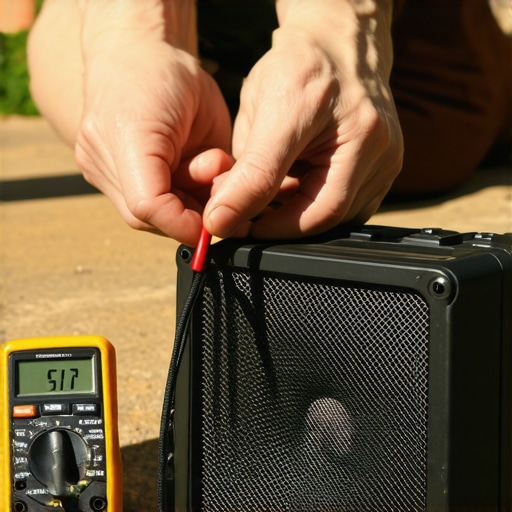 Battery testing with multimeter Person using multimeter to test portable speaker battery outside.