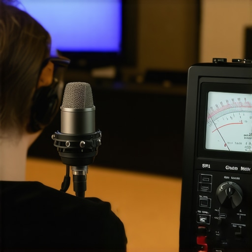 Person using a sound calibration tool in a home theater
