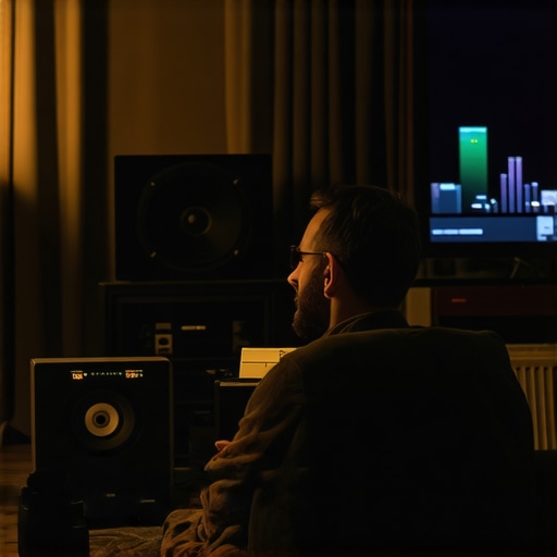 Person adjusting speaker settings with test equipment in a living room
