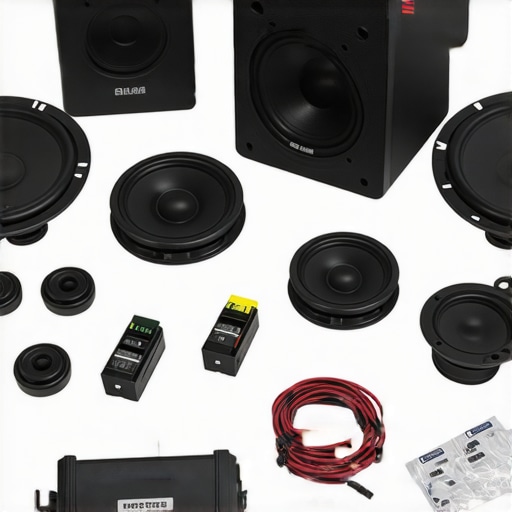 Car Audio System Upgrade Components Various components for enhancing car audio including amplifier, speakers, damping materials, and wiring