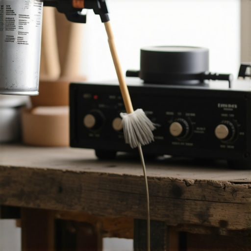A technician cleaning a vintage audio amplifier with a spray and brush in a workshop.