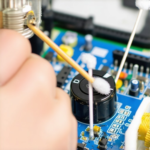 Person cleaning an audio device's volume control potentiometer with contact cleaner and a cotton swab.