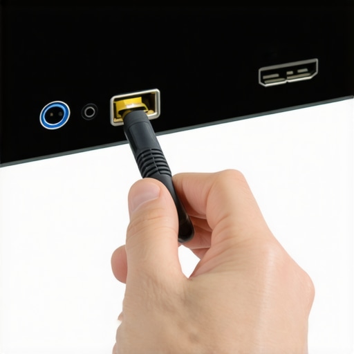 Person plugging fiber optic cable into the optical port of audio equipment.