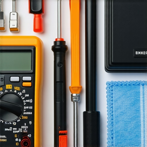 Tools for maintaining home audio gear, including a multimeter, screwdriver, and cleaning supplies.