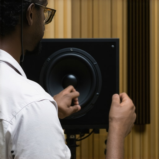 Person adjusting studio monitor placement with acoustic panels in the background