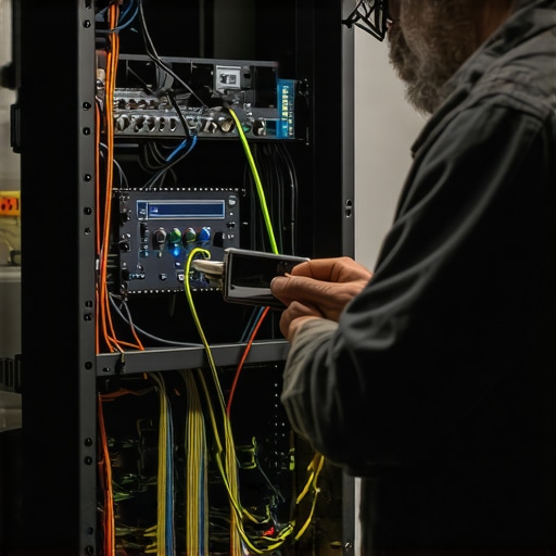 Audio technician inspecting grounding wires in a home theater setup.