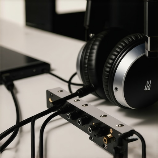 Close-up image of a headphone amplifier connected to headphones, illustrating proper setup and connections.
