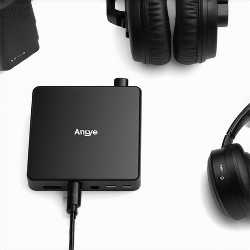 Portable DAC and headphone amp connected to headphones on a desk