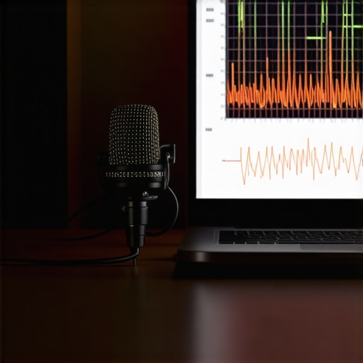 Calibration microphone analyzing home audio setup with a laptop showing sound frequency graphs.