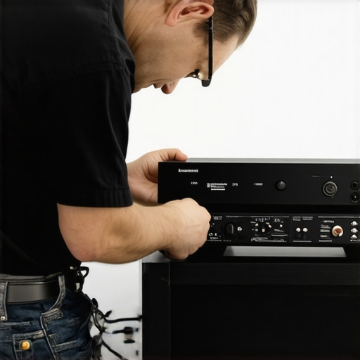 Technician performing maintenance on home sound system