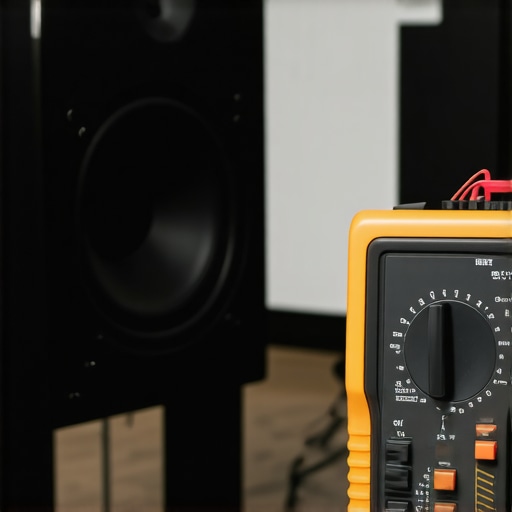 Home Audio Multimeter Inspection Person using a digital multimeter to test speaker impedance in a home audio system.