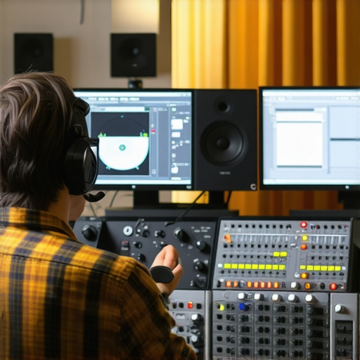 An audio engineer calibrating studio monitors using measurement tools