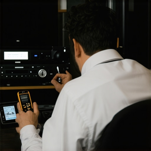 Technician calibrating speakers with professional tools in a modern home theater setup