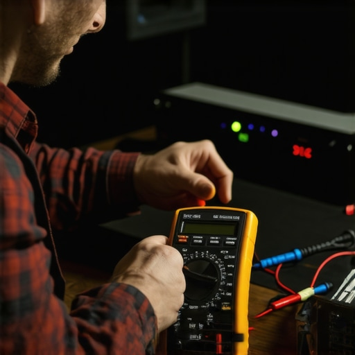 Home audio maintenance tools in use Person calibrating audio equipment with multimeter and software in a stylish listening room.