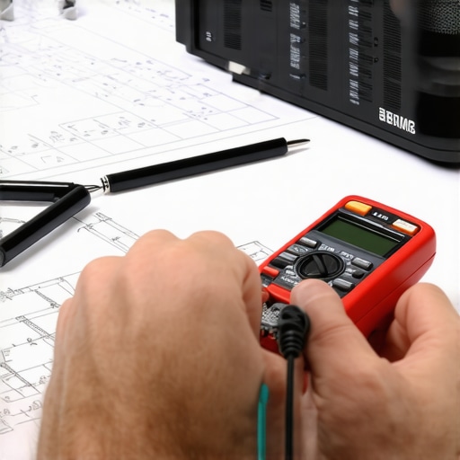 Home audio maintenance with multimeter and tools. Technician testing audio equipment with multimeter.