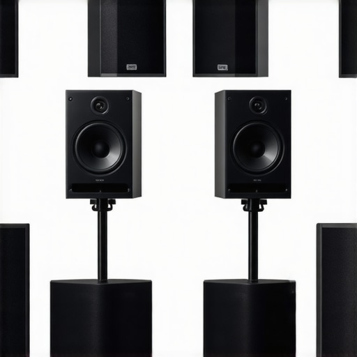 A living room with speakers on stands positioned away from walls, surrounded by acoustic treatments to reduce boominess.