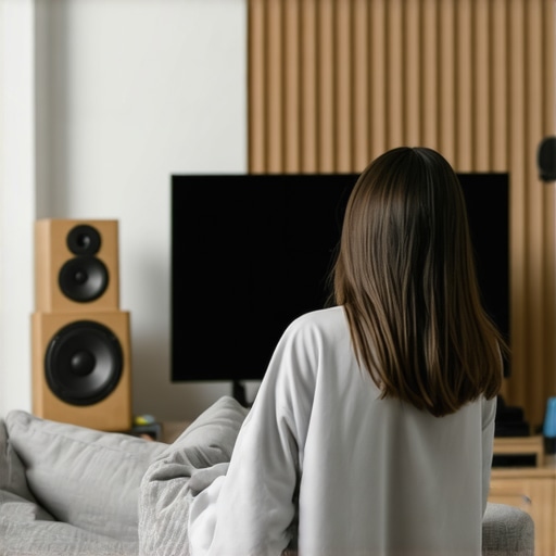 Person positioning bookshelf speakers in a well-lit living room with acoustic treatment.