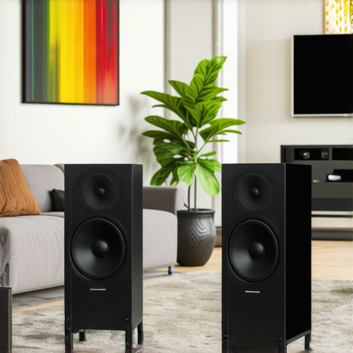 Living room with two subwoofers placed at opposite corners for balanced bass.