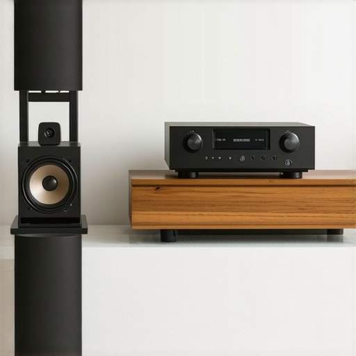 A high-end amplifier connected to bookshelf speakers in a well-lit, modern room