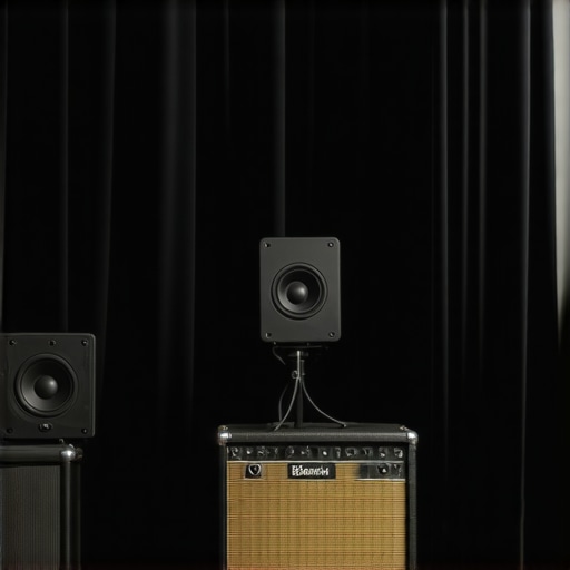 A cozy small room with acoustic panels, curtains, and a sound system arranged for optimal audio calibration