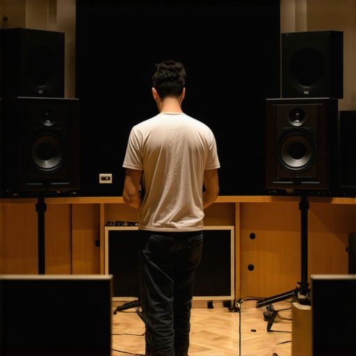 Home studio with acoustic treatment and monitor placement setup.