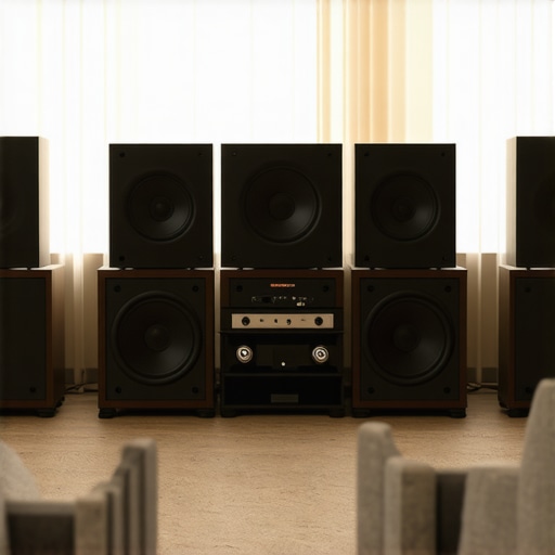 A well-organized home audio setup showing bookshelf speakers positioned at ear level with acoustic treatment around the room.