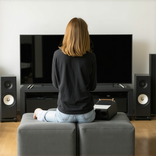 Person strategically positioning bookshelf speakers in a living room to improve sound clarity.