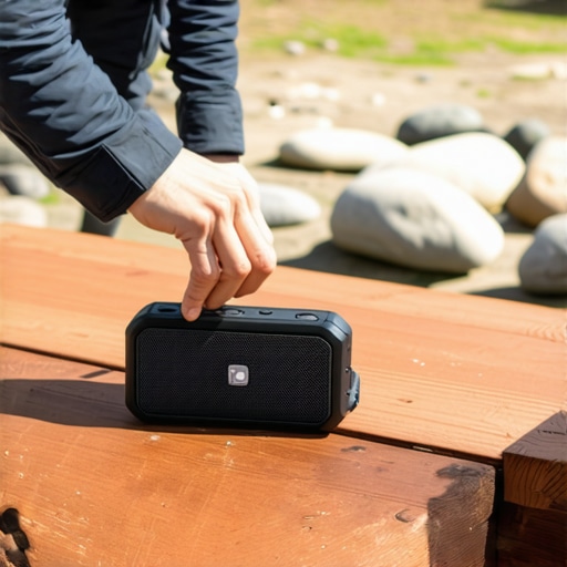 Person placing portable speaker on a rock surface outdoors to enhance bass response