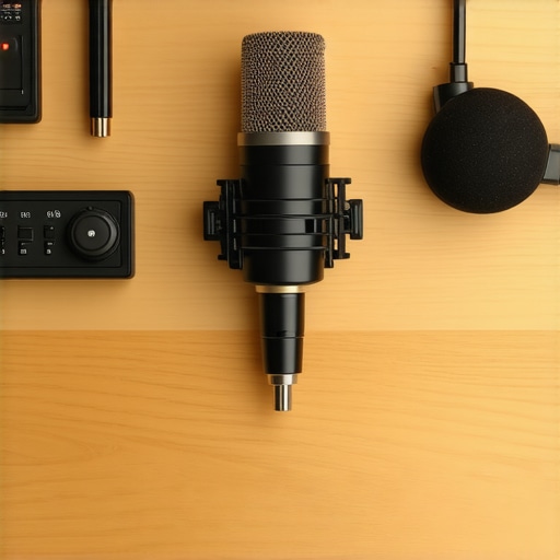 A technician's desk with calibration microphone, multimeter, and cables for sound system maintenance