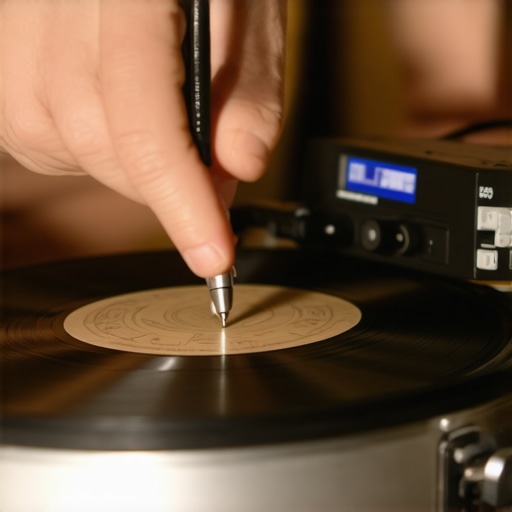Precision Audio Maintenance Tool in Action A hand calibrating a turntable stylus with a digital force gauge