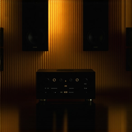 Modern home audio room with high-end speakers and acoustic treatment.