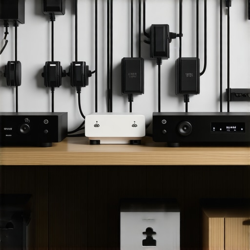 Illustration of organized audio equipment with grounded outlet and tidy cables.
