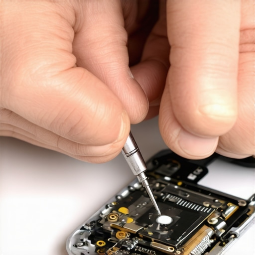 Person carefully fixing a smartphone's loose headphone jack with tweezers and a screwdriver