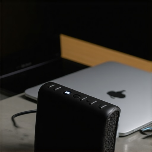 Person setting up a portable Bluetooth speaker for improved laptop audio