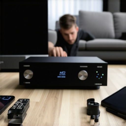 Technician using a tablet to calibrate home audio system