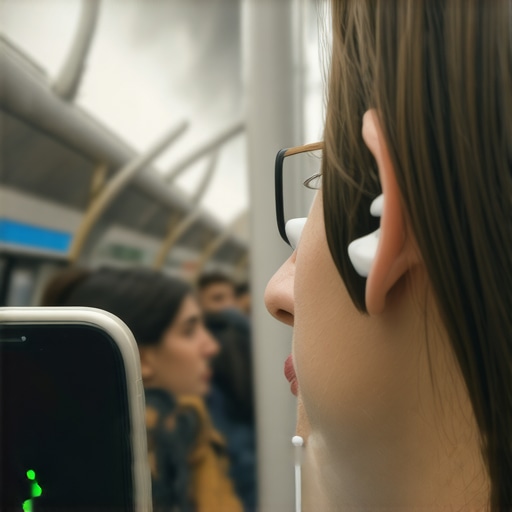 Wireless earbuds connected to smartphone with stable signal amidst crowded subway