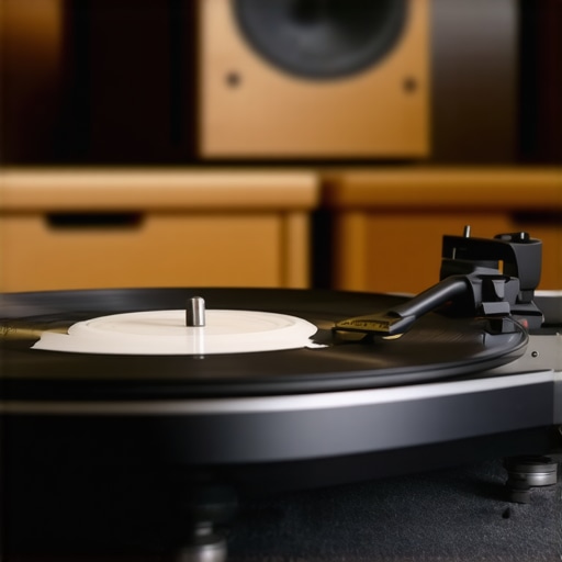 Close-up of a turntable on a dedicated isolation platform with rubber feet, reducing vibrations in a listening room.