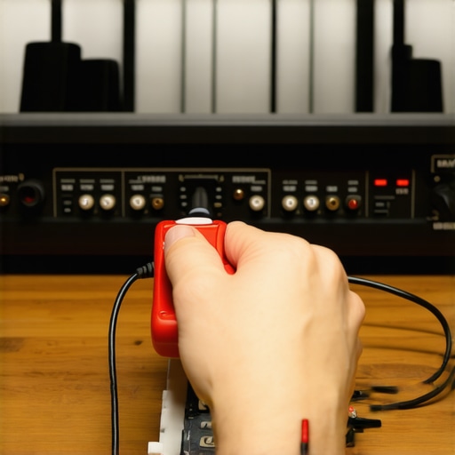 Person testing audio wiring with a multimeter in a home theater system