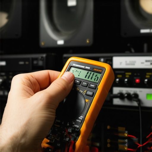 Person testing audio equipment with a multimeter in a home setting.