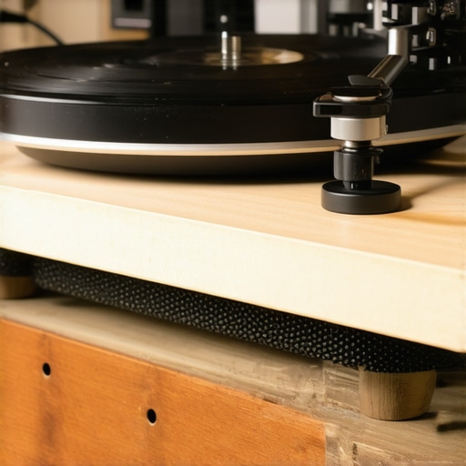 Person checking and adjusting turntable grounding wire on a sturdy shelf with vibration pads for clear audio.