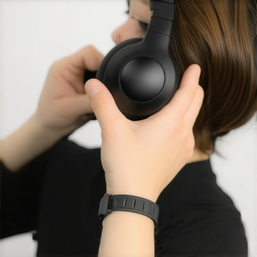 Adjusting headphone fit with heat and gentle bending Hands using hairdryer to soften headphone headband for comfort adjustment