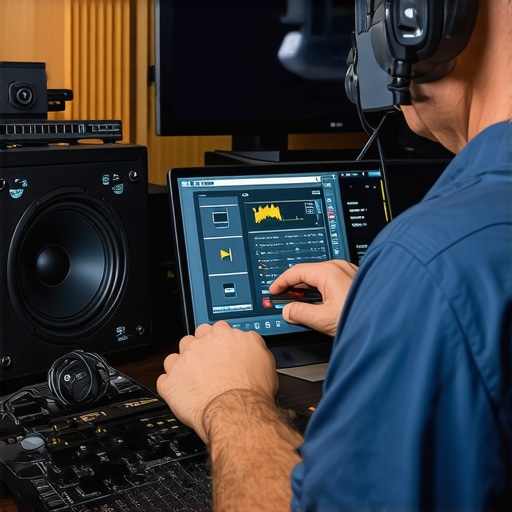Audio System Calibration Technician using measurement tools to calibrate home audio system