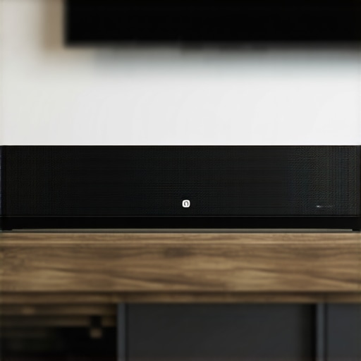 Close-up of a soundbar with visible settings and a calibration microphone in a living room