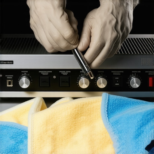 Cleaning Home Audio Equipment Technician carefully cleaning a vintage audio receiver with compressed air and microfiber cloth.