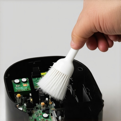Person using compressed air and brush to clean inside a portable speaker to improve sound quality