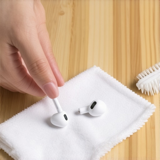 Person gently cleaning earbuds with a soft cloth and brush