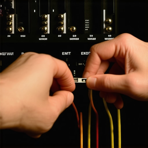 Hands plugging speaker wires into an amplifier for optimal audio setup.