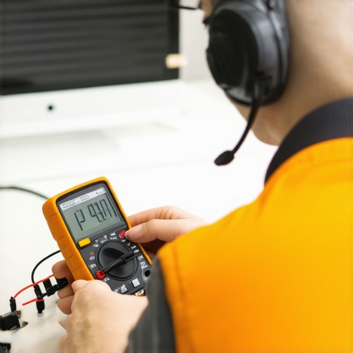 Person measuring speaker wiring with a multimeter in a workshop setting