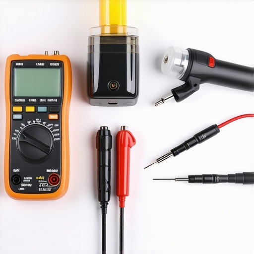 Essential Tools for Audio Equipment Maintenance A set of professional audio maintenance tools including multimeter, contact cleaner, shielded cables, and soldering iron laid out on a workbench